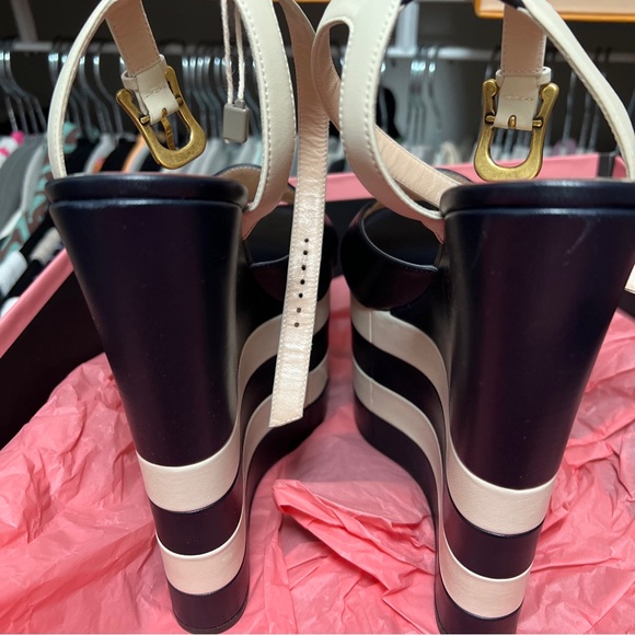Gucci stripes sally Blue/White Leather Striped Sally Platform Wedge Sandals new - Picture 6 of 9